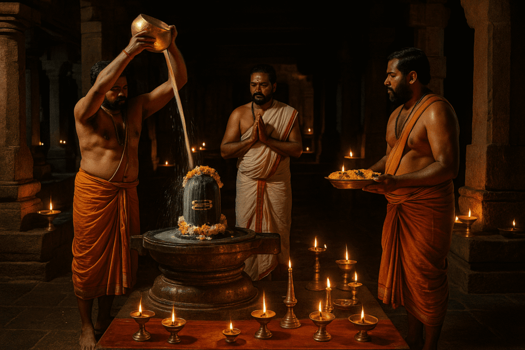 Priests offering milk and flowers during abhishekam at Sri Kalahasti Temple.