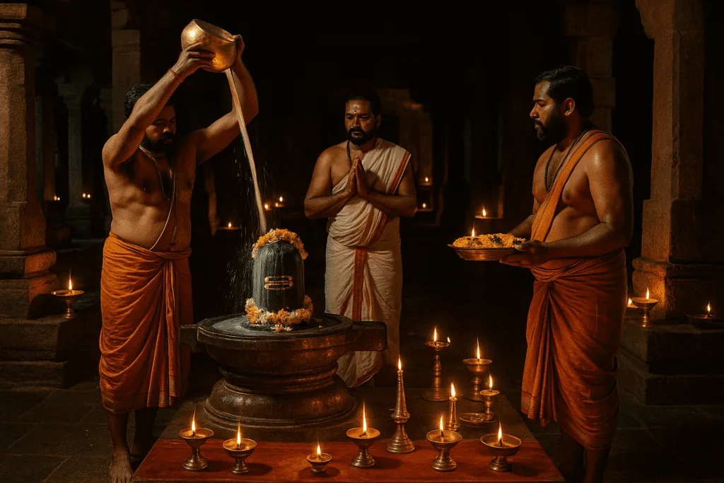 Priests offering milk and flowers during abhishekam at Sri Kalahasti Temple.