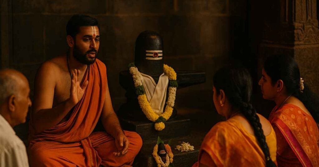 Priest guiding devotees during Rahu Ketu Pooja at Sri Kalahasti Temple