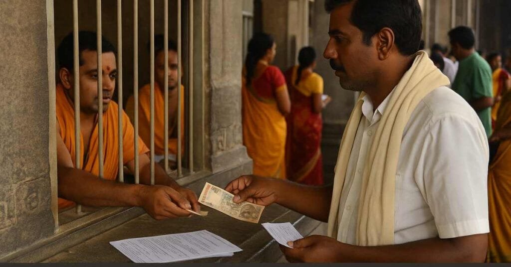 Devotee booking Rahu Ketu Pooja ticket at Sri Kalahasti temple counter
