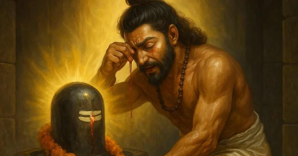 Kannappa Nayanar offering his eye to Lord Shiva at Sri Kalahasti Temple