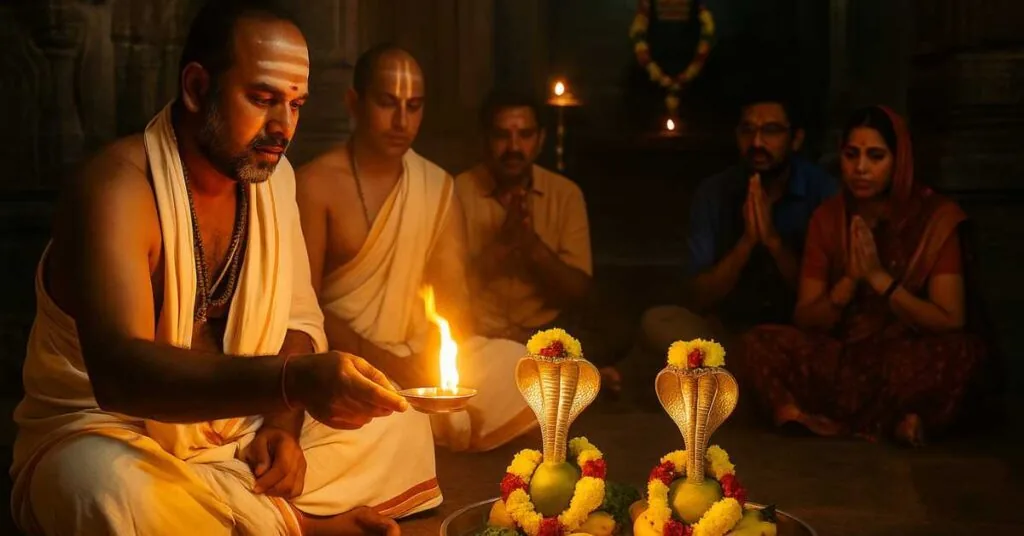 Devotees performing Rahu Ketu Pooja at Sri Kalahasti Temple