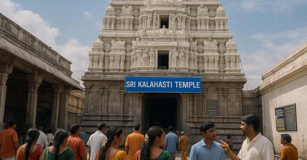 Pilgrims at Sri Kalahasti Temple seeking information and guidance