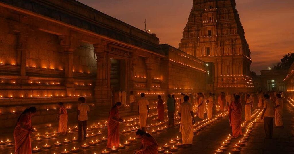 Devotees lighting lamps at Sri Kalahasti Temple during Karthika Deepam 2025
