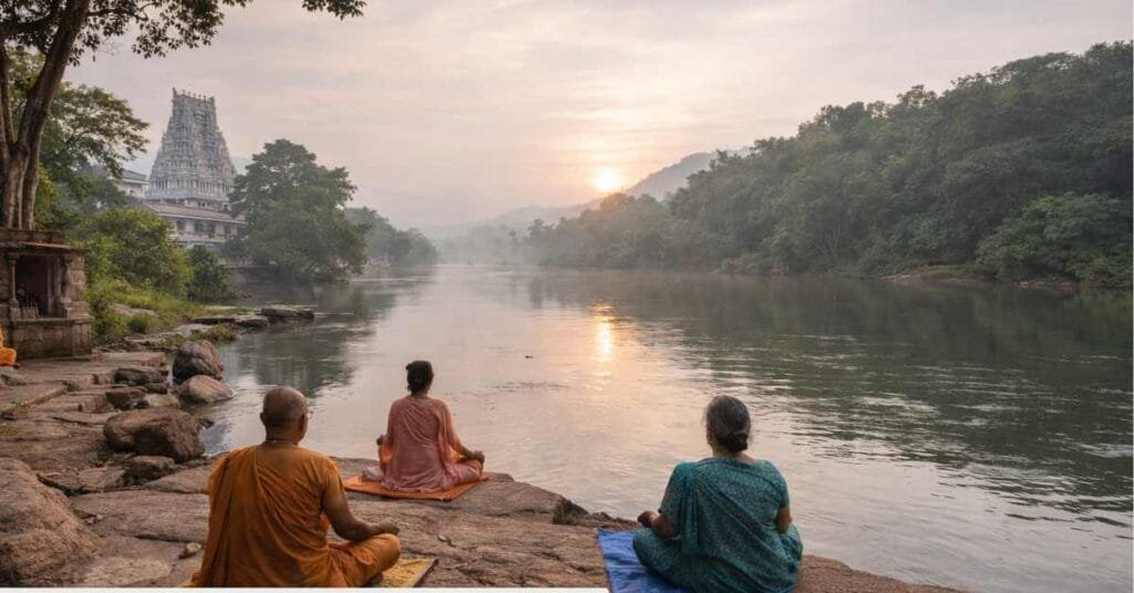 Places sit meditate around Srikalahasti temple by the river with devotees during sunrise