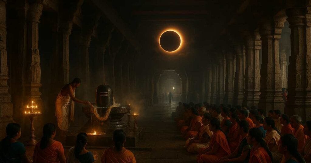 Sri Kalahasti Temple during eclipse time with devotees performing Rahu Ketu Pooja