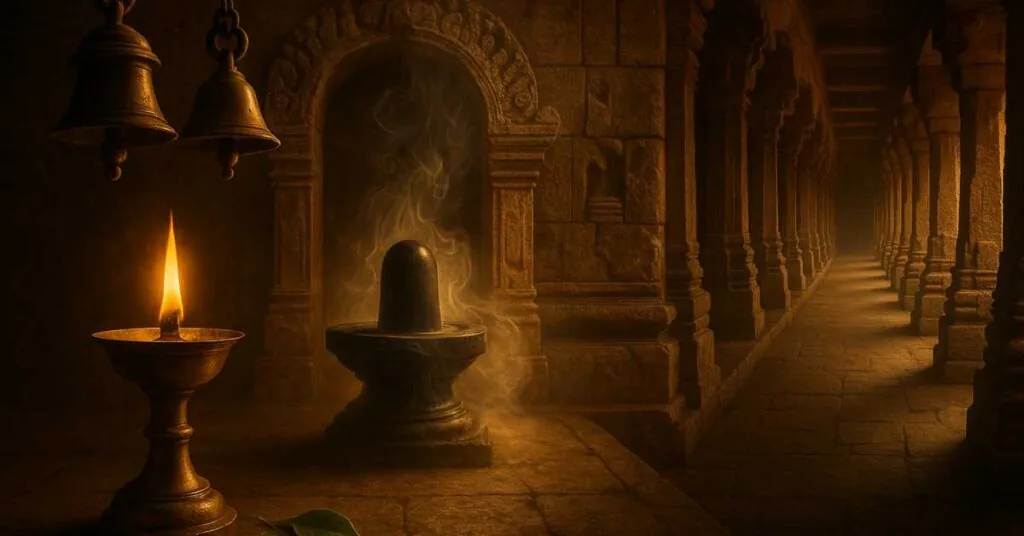 Mystical representation of Sri Kalahasti Temple showing ancient architecture and sacred wind symbolism