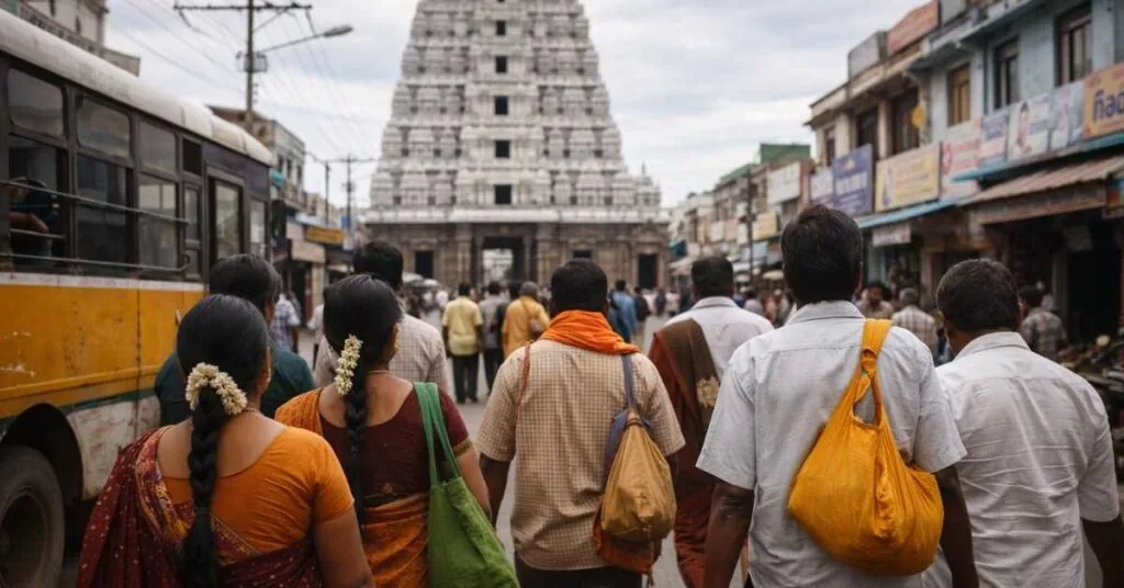 Budget pilgrims walking towards Sri Kalahasti Temple