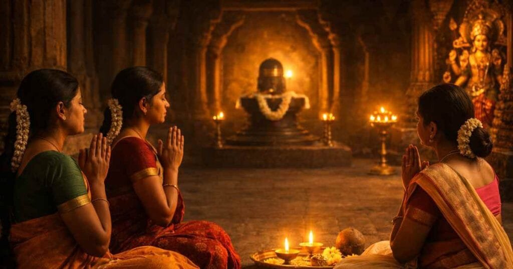 Women devotees praying at Sri Kalahasti Temple for marriage and family harmony