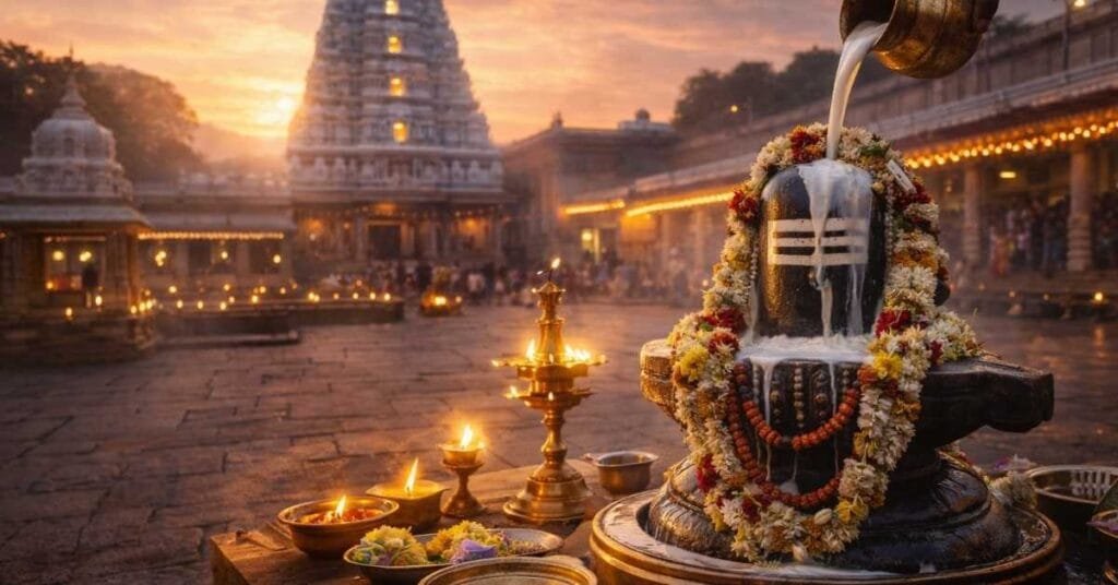 Srikalahasti Temple Abhishekam with Lord Shiva Linga, priests performing Rudrabhishekam, devotees observing