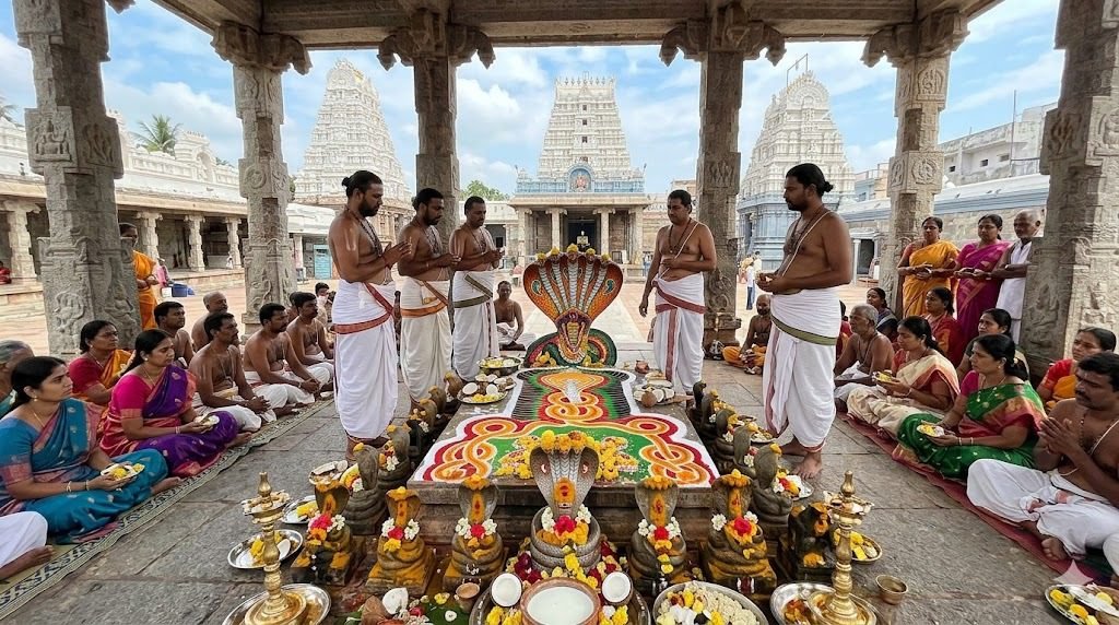 Srikalahasti Ashlesha Bali pooja — priests conducting serpent Dosha Nivarana ritual at mutt near Srikalahasti Temple Andhra Pradesh