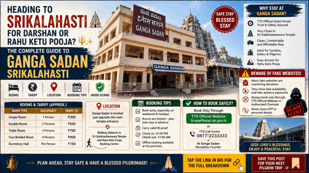 Ganga Sadan Srikalahasti hotel exterior view with hills in background near Sri Kalahasteeswara temple