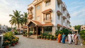 Kailasa Sadan Srikalahasti booking hotel exterior with entrance and landscaping in Bahadur Pet area