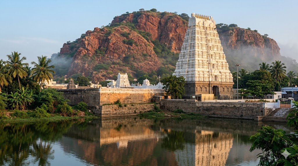 Sri Kalahasti Nayanmars connection site with white gopuram Kalahasti hill and Swarnamukhi river in Andhra Pradesh