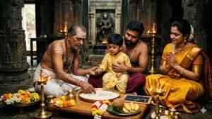 Srikalahasti Temple Aksharabhyasam ceremony with child writing first letters on rice plate guided by priest