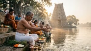Srikalahasti tharpanam pooja ritual with devotees offering water and sesame at Swarnamukhi River