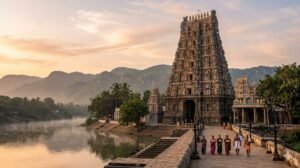 Tirupati Srikalahasti spiritual connection temple gopuram with Eastern Ghats backdrop in Andhra Pradesh
