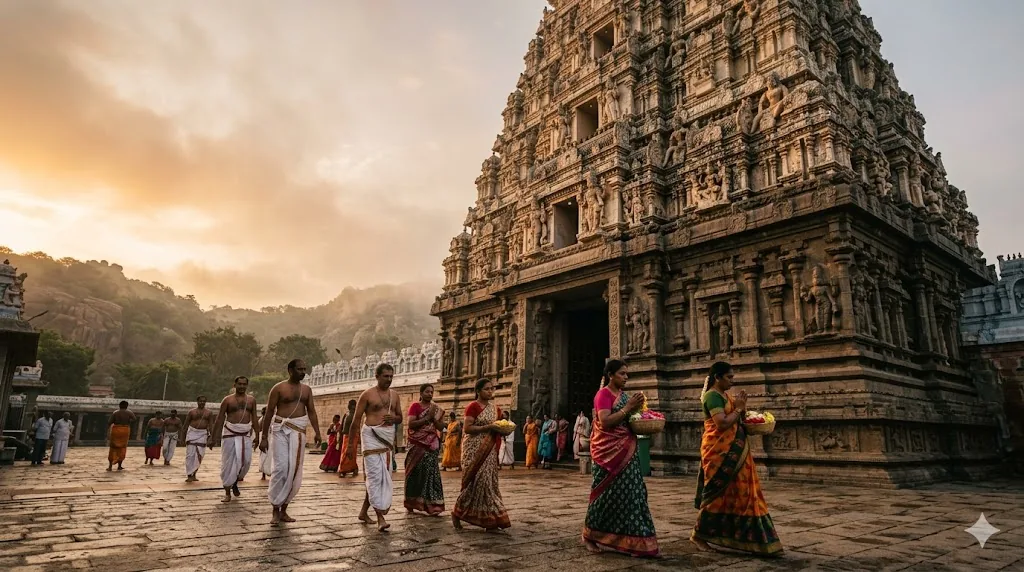Kalahasti temple rules followed by devotees entering through east gopuram in traditional attire at sunrise