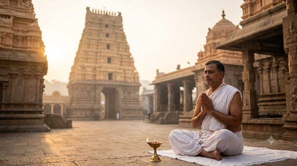 Mental preparation Rahu Ketu Pooja devotee meditating in traditional attire at Sri Kalahasti Temple sunrise