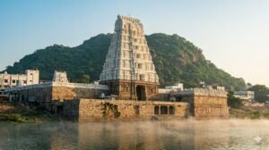Sri Kalahasti temple guide showing ancient gopuram Vayu Lingam shrine on Swarnamukhi river banks