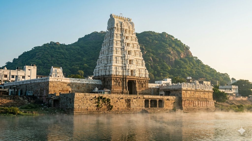 Sri Kalahasti temple guide showing ancient gopuram Vayu Lingam shrine on Swarnamukhi river banks