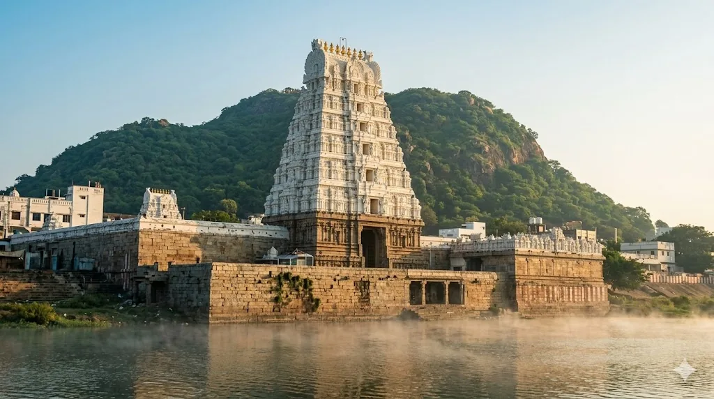 Sri Kalahasti temple guide showing ancient gopuram Vayu Lingam shrine on Swarnamukhi river banks