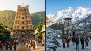 Srikalahasti Kedarnath lingam difference shown through both temple exteriors side by side