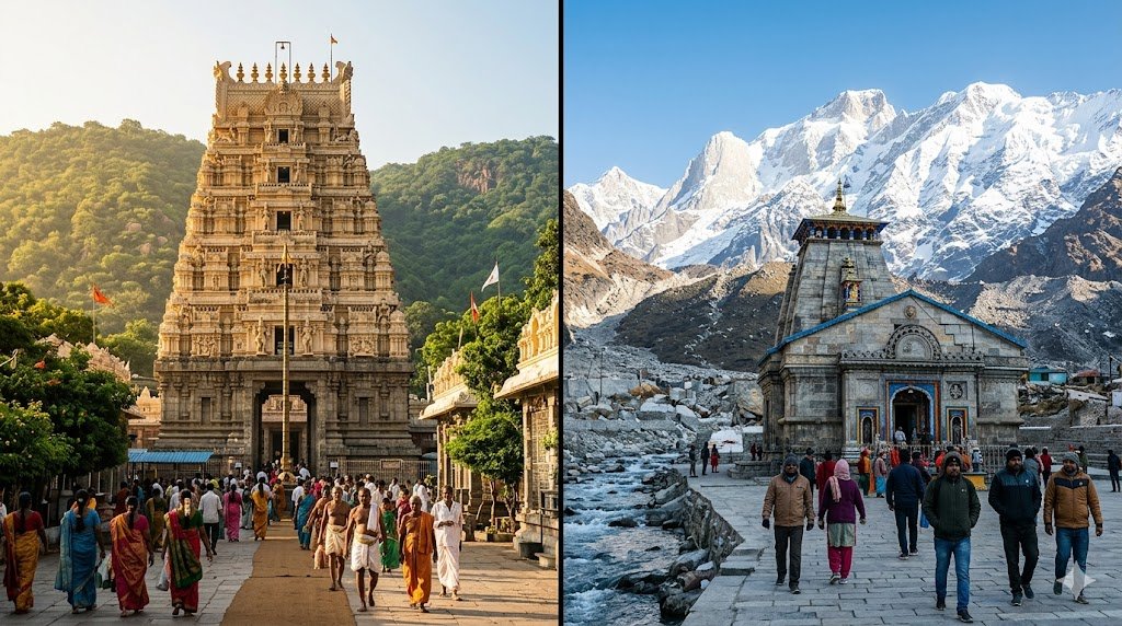 Srikalahasti Kedarnath lingam difference shown through both temple exteriors side by side