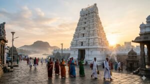 Srikalahasti Tirupati weekend trip — devotees at Srikalahasti gopuram during sunrise pilgrimage