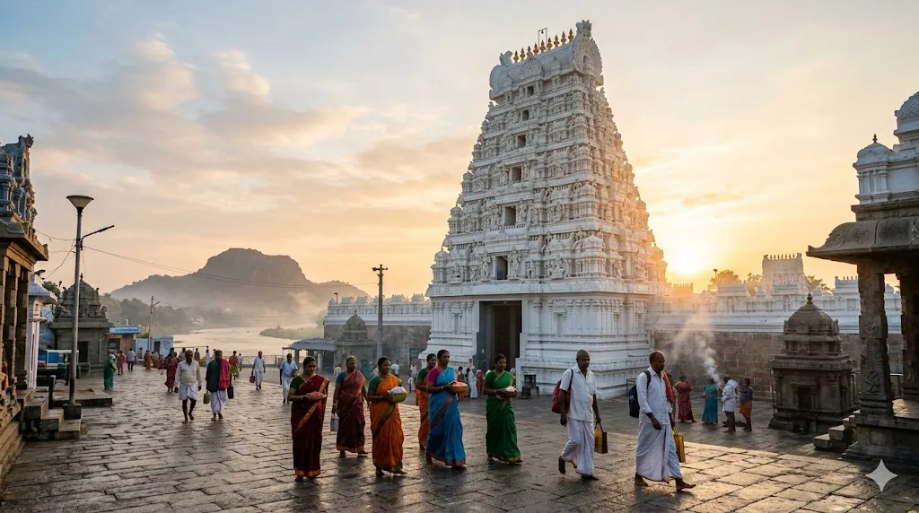 Srikalahasti Tirupati weekend trip — devotees at Srikalahasti gopuram during sunrise pilgrimage