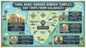 Tamil Nadu Andhra border temples from Kalahasti – Surutapalli temple gopuram with devotees at sunrise