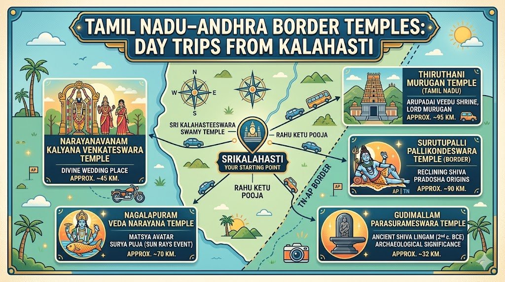 Tamil Nadu Andhra border temples from Kalahasti – Surutapalli temple gopuram with devotees at sunrise