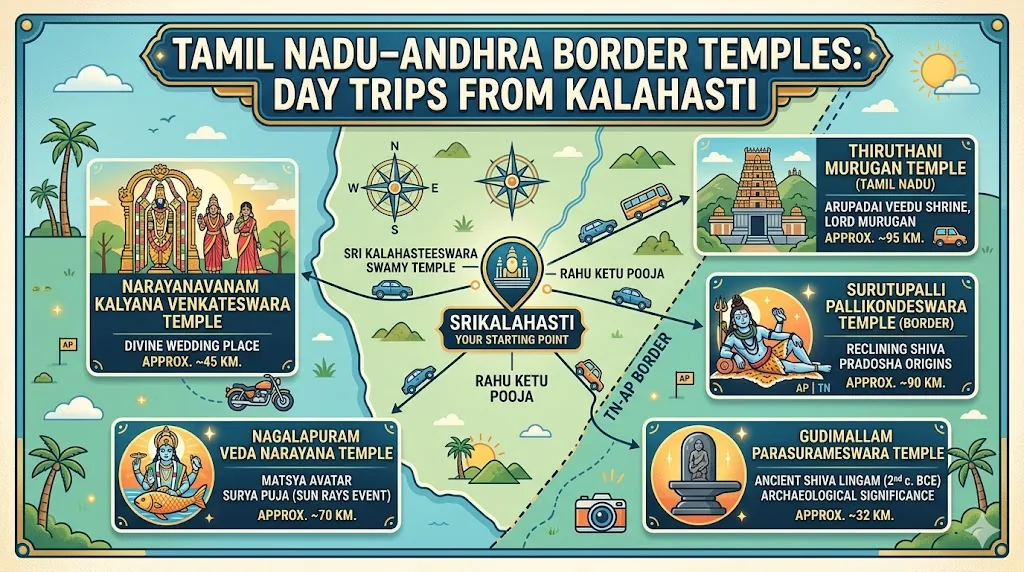 Tamil Nadu Andhra border temples from Kalahasti – Surutapalli temple gopuram with devotees at sunrise