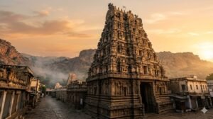 Kalahasti Tirupati pilgrimage – Srikalahasti temple gopuram with hills at sunrise