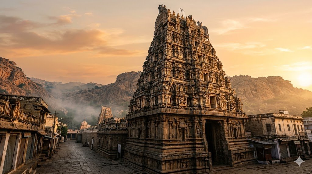 Kalahasti Tirupati pilgrimage – Srikalahasti temple gopuram with hills at sunrise