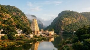 Sri Kalahasti Vayu Lingam temple between two hills beside the Swarnamukhi river at dawn