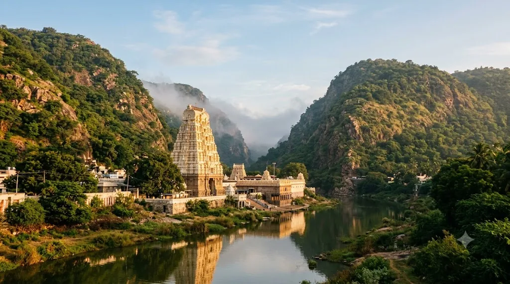 Sri Kalahasti Vayu Lingam temple between two hills beside the Swarnamukhi river at dawn