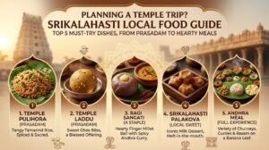 Srikalahasti local food plate with pulihora tamarind rice and laddu temple prasadam on a leaf