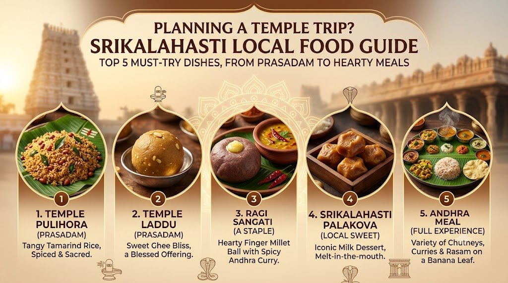 Srikalahasti local food plate with pulihora tamarind rice and laddu temple prasadam on a leaf