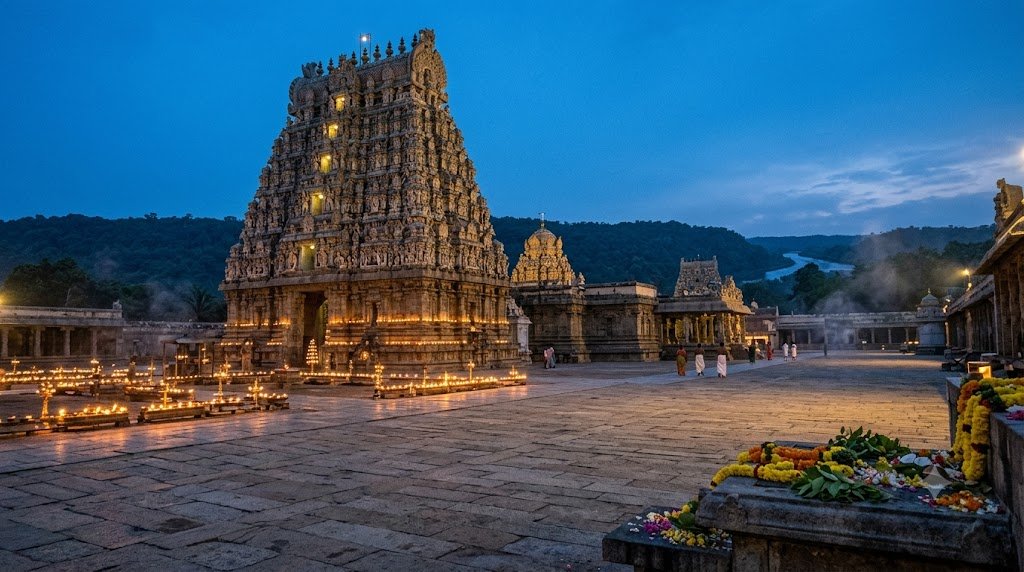 Srikalahasti Pradosha Kala Abhishekam: lamp-lit temple courtyard and tall gopuram at twilight