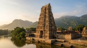 Srikalahasti Temple history – the rebuilt Rajagopuram gateway tower against the hills