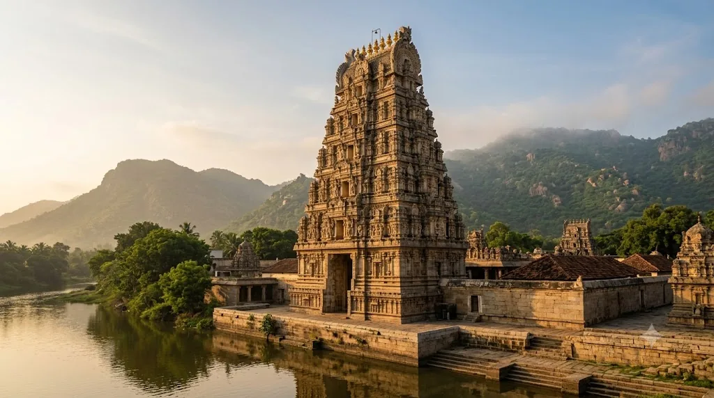 Srikalahasti Temple history – the rebuilt Rajagopuram gateway tower against the hills