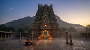 Srikalahasti Temple Suprabhata Seva at dawn, gopuram lit by early morning light
