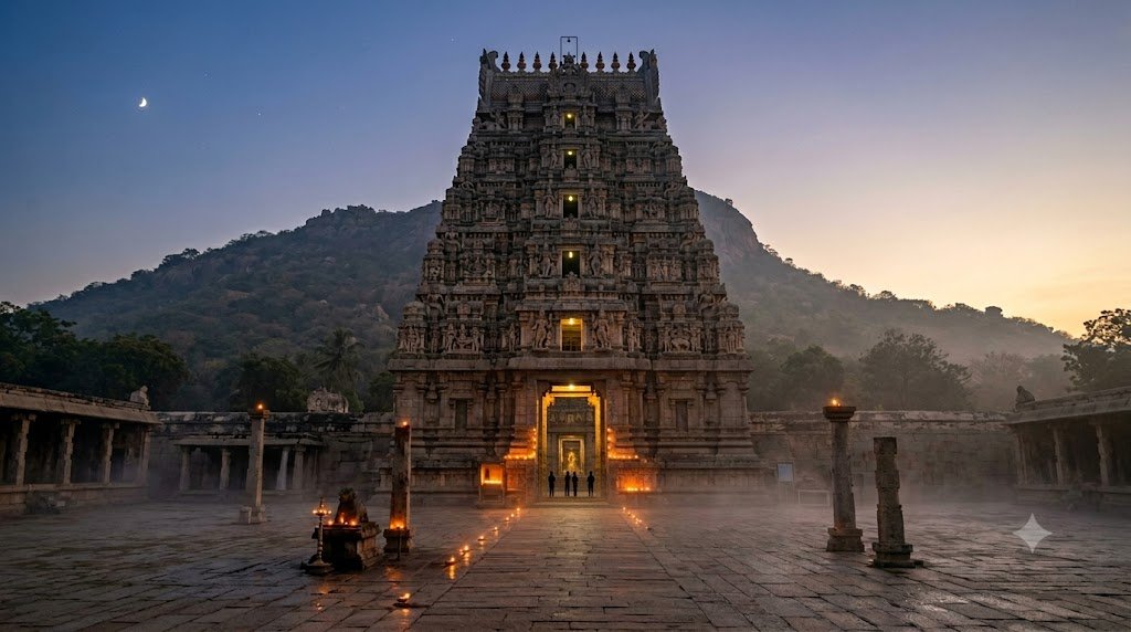 Srikalahasti Temple Suprabhata Seva at dawn, gopuram lit by early morning light