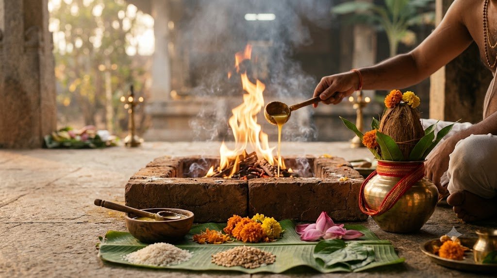 Lakshmi Ganapathi Homam sacred fire ritual with brass kalasha, ghee and flower offerings