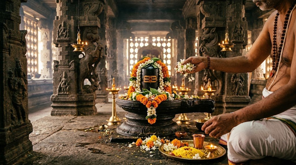 Srikalahasti Ashtottara Archana priest chanting 108 names at Sri Kalahasteeswara Swamy temple mandapam