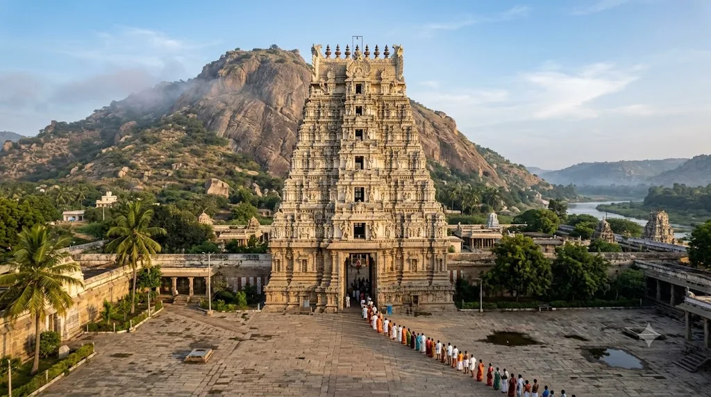 Srikalahasti free darshan queue at the east gopuram entrance in early morning light