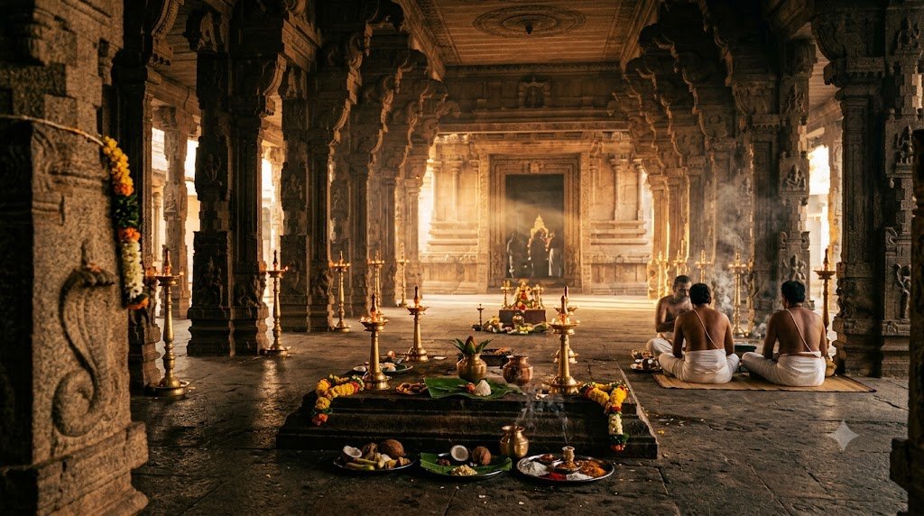 Srikalahasti Mahanyasa Rudrabhishekam seva inside the temple mandapam with lamps and priests