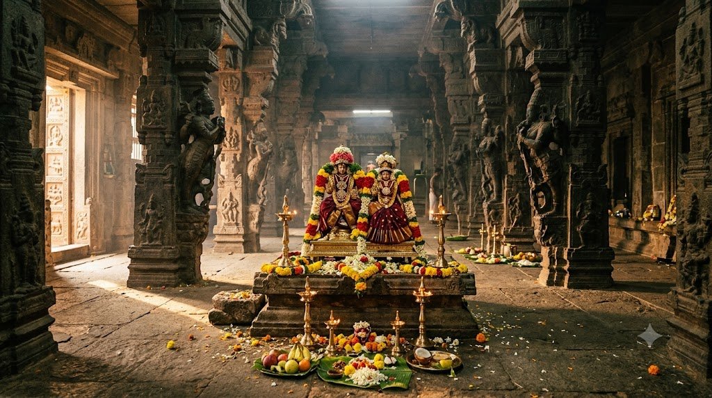 Srikalahasti Nithya Kalyanotsavam wedding seva hall with decorated deity idols