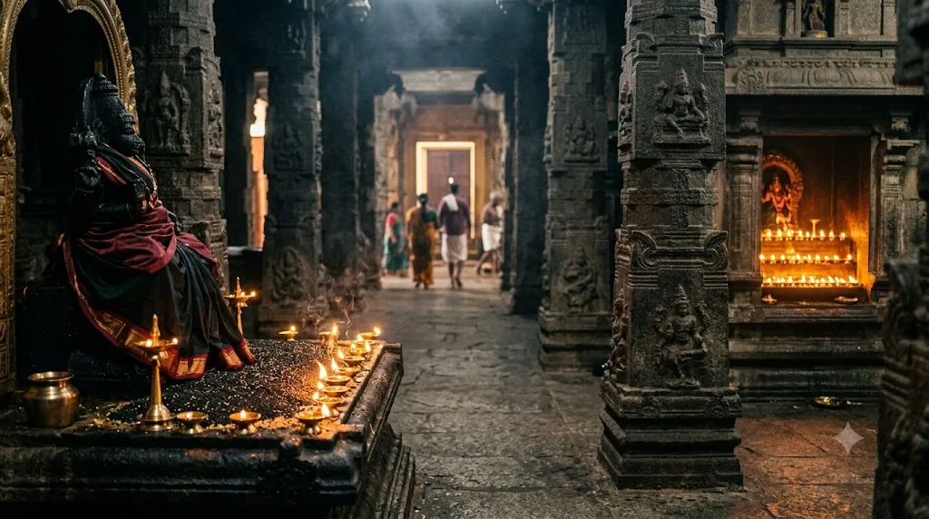 Srikalahasti Saneeswara Abhishekam Shani shrine with oil lamps and sesame offerings